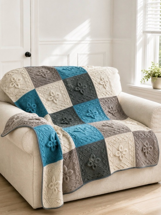 Unbranded Other - Handmade Knit Throw Blanket 66x66 Blue Grey Cream 3D Floral Granny Square SOFT!
